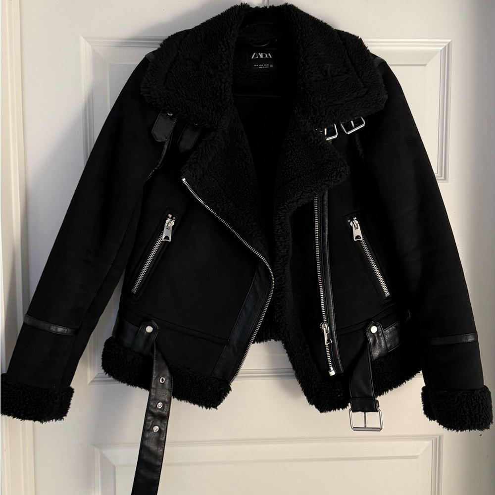 Zara Black Faux Suede & Shearling Biker Jacket